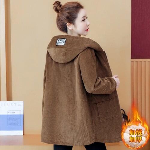 Autumn Winter Womens Coat Mid-Length Corduroy Hooded Add Velvet Warm Winter Jackets Plus Size Spring Outerwear Parkas Mujer