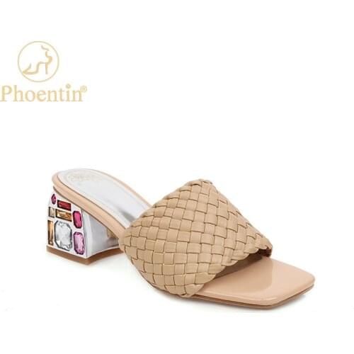 Phoentin Summer Shallow Braid slippers Square ToeTransparent Crystal High Heels Slippers Fashion Tide Women Shoes FT1056