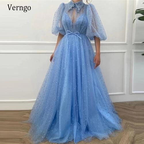 Verngo Elegant Baby Blue Dotted Tulle A line Prom Dresses 2021 High Neck Puff Sleeves Long Evening Gowns Vestido de fiesta