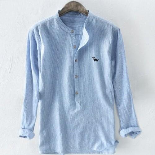 Men Shirt Solid Baggy Cartoon Embroidery Cotton Linen Male Blouse Spring Autumn Long Sleeve Button Up Male Plus Size Camisa 2020