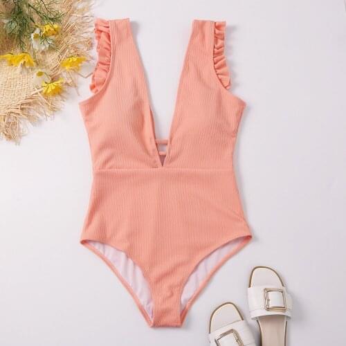 Sexy Deep V-Neck One Piece Swimsuit Falbala High Waisted Bathing Suit Women Swimwear Bodysuit Cut Out Monokini Female Beach Wear