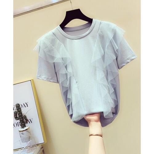 Mesh Stitching Ruffled Short Sleeve Cotton Crew-Neck T Shirt Women 2020 Summer Loose T-shirt Ladies Tops T Shirt for Women