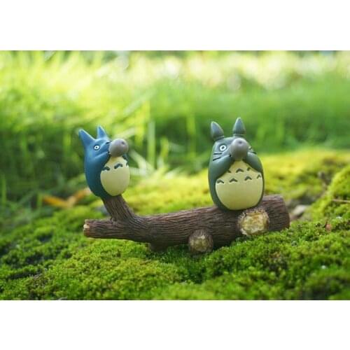 Fairy Garden Miniature Set of 3 Two Totoros Blowing Xun on Stump , Ghibli Figurines Mini Garden Supplies Terrarium Accessories