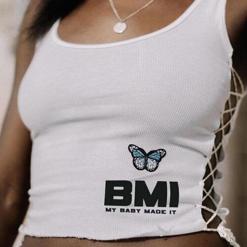 Butterfly Embroidery Bandage Cropped Tops Casual Women Side Hollow Out Tank Tops Summer Sleeveless White Vest Crop Tops Joggers