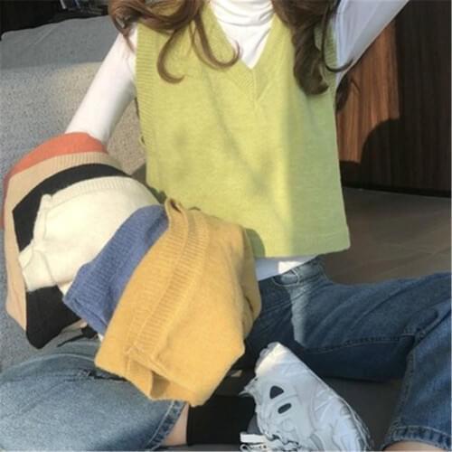 Spring Autumn Vest Women Solid Knitted V-neck All-match Trendy Korean Style Sleeveless Loose Simple Womens Coats Outwear ZY5186