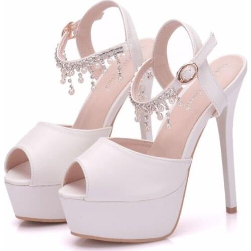 Women sandals wedding Party Lace PU Rhinestones Buckle Strap 14CM Thin High heels Peep Toe waterproof women shoes size 35-42