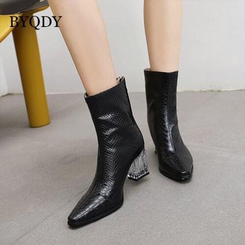 BYQDY 2021 Women Sock Boots Snakeskin Leather Pointed Toe Clear Chunky Heel Chelsea Boots High Heel Ankle Boots Short Plush High
