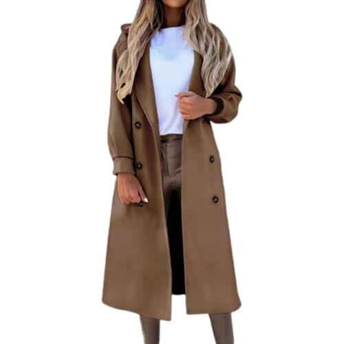Ele-choices Women Long Coat Solid Color Double Breasted Autumn Winter Warm Suit Collar Long Sleeve Overcoat for Office Daily
