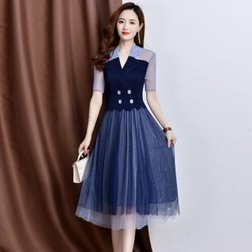 COIGARSAM Womens Summer Dress 2021 New French Style Casual Patchwork Short Sleeve Mesh High Waist V-Neck Black Blue Dresses