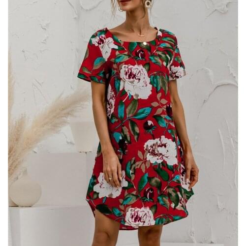 Women Cotton Linen Dress Plus Size Summer Leisure O Neck Floral Flower Print 2021 Casual Short Sleeve Elegant Mini Dresses