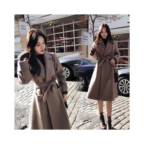 JuneLove Women autumn winter OL Belt Coat Turn-down Collar female Wool Coat ladies Loose Solid thick jackets Windbreaker Outwear