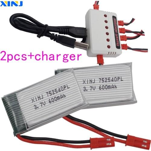 2pcs+charger 3.7V 600mAh 25C Li-Polymer battery 752540 for Syma X5 M68 HJ W609-9 W609-10 RC Quadcopter Helicopter Drone JST plug