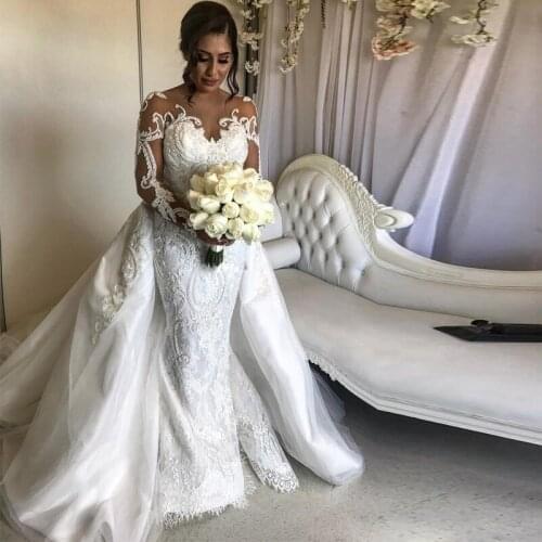 2019 Gorgeous Lace Mermaid Wedding Dresses with Detachable Train Sheer Neck Full Sleeve Beading Chapel Wedding Gown Bridal Dress