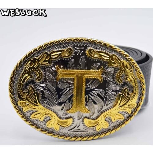 5 PCS MOQ WesBuck Brand Oval 3D Lace Gold T Initial Letter Cowboy Belt Buckle With Metal Fashion Women Mens PU Leather Belt