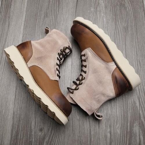 Handmade Vintage British Casual Men Shoes High Quality Cow Leather Ankle Boots Tooling Desert Motorcycle Boots Wings Platform
