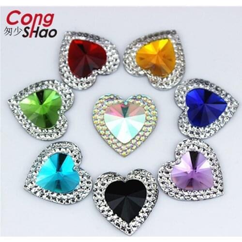 Cong Shao 100PCS 14/16mm Colorful Heart FlatBack Stones And Crystal Resin Rhinestone DIY Gems For Costume Button Crafts YB472