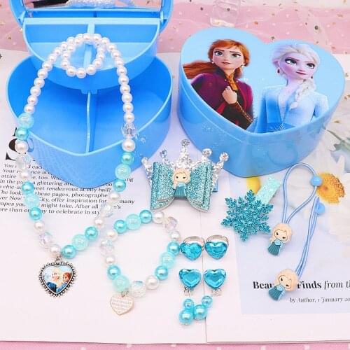 Kids Jewelry Toys Set Children Pearl Necklace Cartoon Elsa Princess Ring 10pcs/set Earring Hair Accessories Party Gift