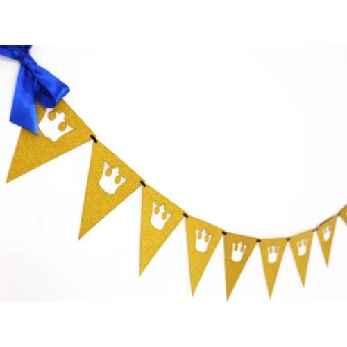 Royal Prince Bunting Banner, glitter gold crown Garland, boy birthday party decor, baby shower banner, gender reveal