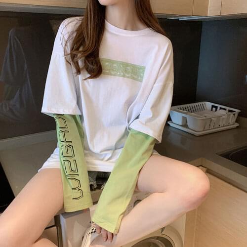 Fake Two-Piece Long-Sleeved T-shirt 2021 Spring and Autumn Letter Print Patchwork T-shirt Loose Mid-Length Couple Tops Women