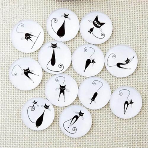 Julie Wang 8-30mm Glass Cabochons Mixed Black Cat Patterns Fat Back Round Pet Demo Jewelry Making Accessory
