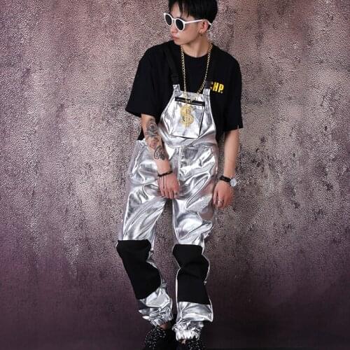 Men Silver Overalls Hip Hop Jumpsuit Nightclub Stage Performance Clothes Male Casual Hiphop Pants Hip-Hop Dance Clothing XS2168