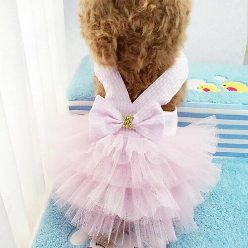 Girl Puppy Bowknot Lace Dress Pet Dog Little Princess Bubble Skirt Striped Shoulder Straps Puppy Bowtie Dress