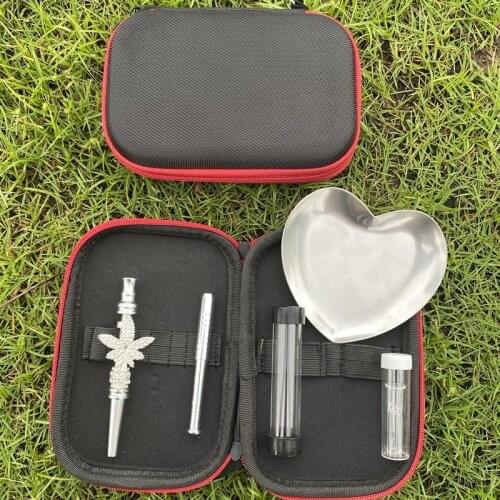 Leaf Tips Metal Sniffer Snorter Smoking Kit Glass Pill Bottle Stash Jar Love Tray for Tobacco Smoking Set Accessories Oxford Bag