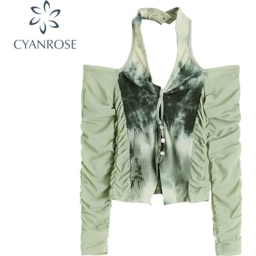 2021 New Autumn Vintage Gauze Hollow V-Neck Off-Shoulder Green Tie Dyed E-girl Crop Tops Womens Party Club Sexy T-Shirt Female