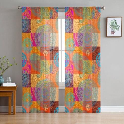 Orange Square Round Paisley Flower Tulle Window Treatment Sheer Curtains for Kitchen Living Room the Bedroom Curtains Decoration