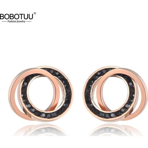 BOBOTUU Trendy Stainless Steel Clay Crystal Double CirclesStud Earrings Jewelry Rose Gold Vintage Earrings For Girls BE19091