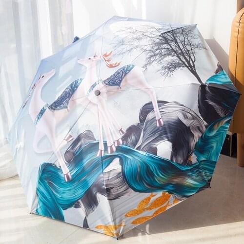 Oil Painting Three Folding Umbrellas Windproof Rain Gear Paraguas Mujer UV Protection Women Men Business Sun Parasol Umbrellas