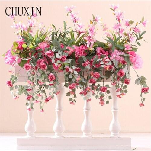 2pcs/Lot High quality simulation flower rose eucalyptus leaf mixed hanging vine flower row wedding arch stage layout road guide