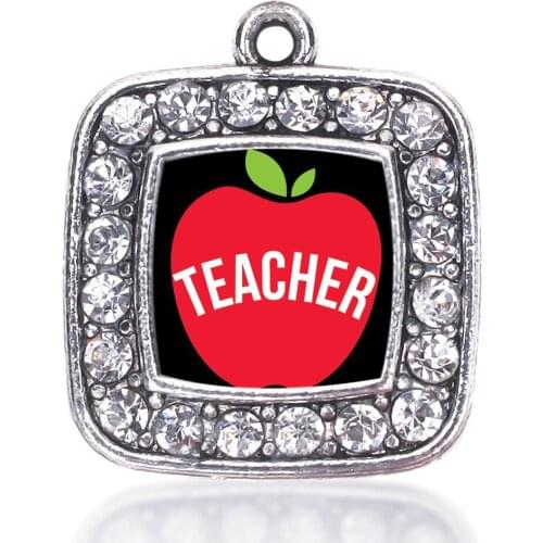 APPLES ARE FOR TEACHERS SQUARE CHARM ANTIQUE SILVER PLATED CRYSTAL JEWELRY