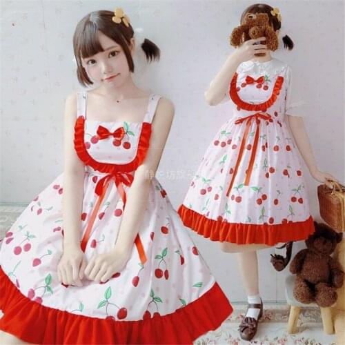 Japanese Princess Tea Party Lolita Dress Cherry Strawberry Printed Bowknot Dress Kawaii Girl JSK Dress D456