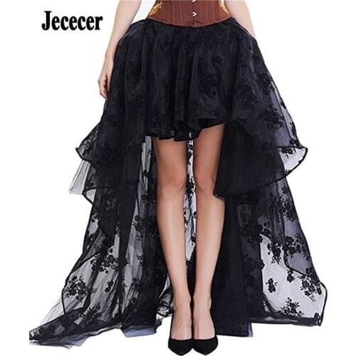 Jececer Womens Skirt Gothic Tulle Skirt Steampunk Maxi Lace Floral Vintage Wedding Party Corset Skirts Black