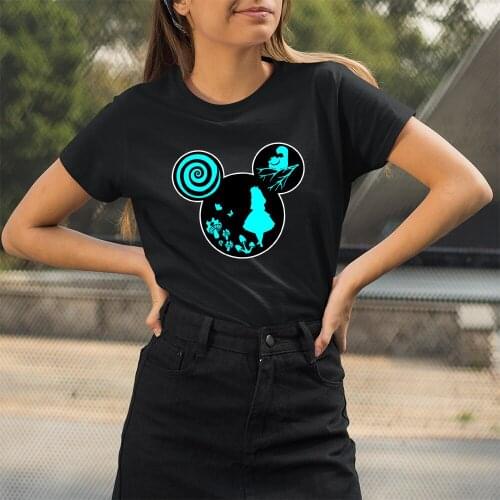 Women T-Shirt Cartoon Alice In Wonderland Cute Tshirt Kawaii Disney Printing Black Tee Summer New Harajuku Style Casual Cheshire
