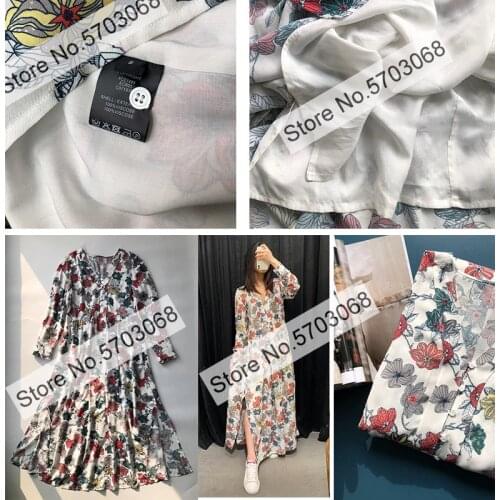 Elfstyle Ladies 100% Viscose Floral Printed Long Dress With Open Placket & Long-sleeved & Loose Waist & Lining