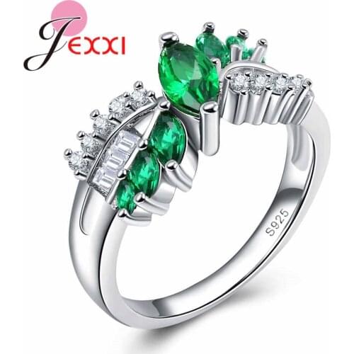 Clear Green/White Rhinestone Jewelry Shiny Crystal Leaf Rings for Women Best Gift Fine 925 Sterling Silver Ladies Bague