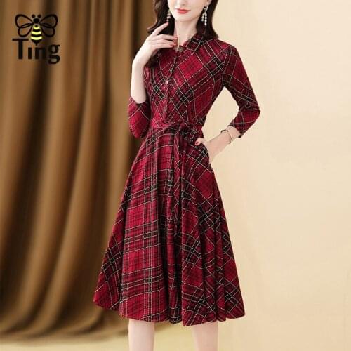 Tingfly Runway Fashion Plaid France Chic Button Up Winter Autumn Midi Long Dress Lady Office A Line Dress Large Size Robes Zaful