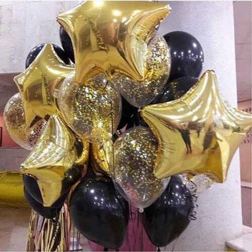 1set Gold Confetti 10inch Matte Black Latex balloon with 18 inch gold star wedding birthday party decor inflatable air ball