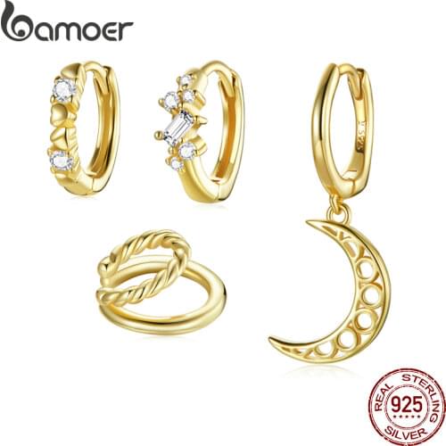 BAMOER 925 Sterling Silver 1Piece Gold Zircon Earring Simple Star Heart Ear Buckle Moon Hoop Earring Ear Clip Jewelry SCE1189