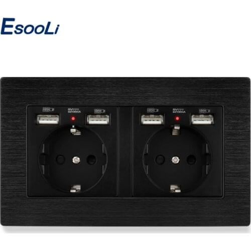 Esooli Black Aluminum Panel EU Standard Wall Socket With 4 USB Charge Port For Mobile Hidden Soft LED Indicator