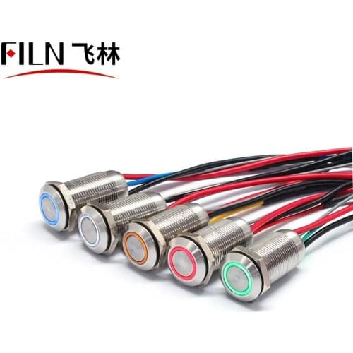 FILN CE Waterproof 12mm Flat head Momentary Latching ring led light Push Button Switch with wire