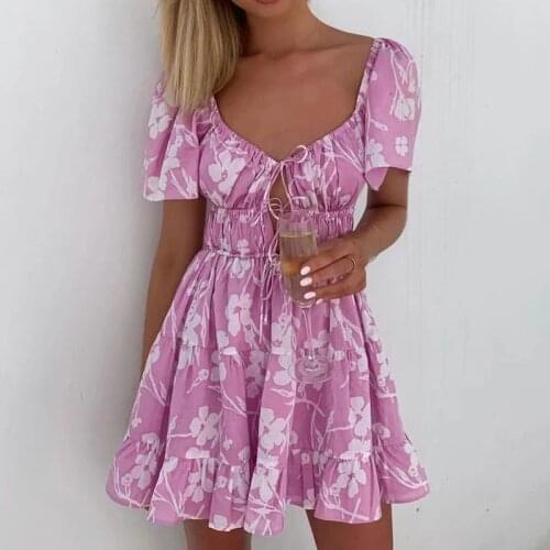 Foridol Floral Print Summer Boho Beach Dress Women V Neck Casual A-line Mini Dress Short Sleeve Vestidos De Mujer 2021