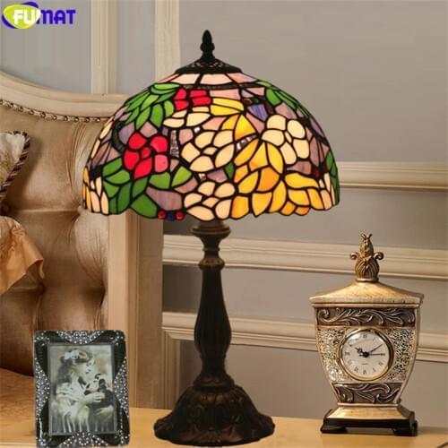 FUMAT tiffany desk lamp red rose orchid yellow flower table light handicraft arts home decor 12 inch stained glass e27 LED alloy