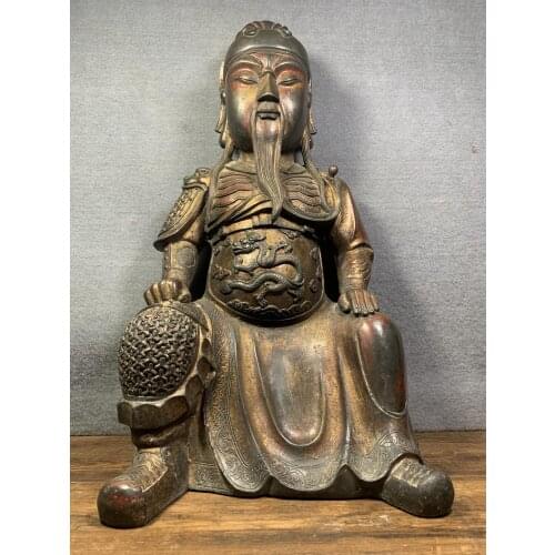 Tibet Temple Collection Old Bronze Cinnabar Lacquer Guan Erye God of Wealth Guan Yu Sitting Buddha Ornaments Town House Exorcism