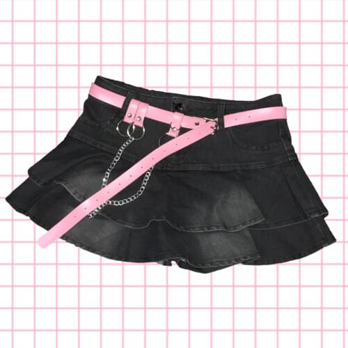 Japanese Harajuku Cool Girl High Waist Ruffles Cute Black Denim Pleated Skitrs Preppy Style Sweet Mini Shorts Skirts