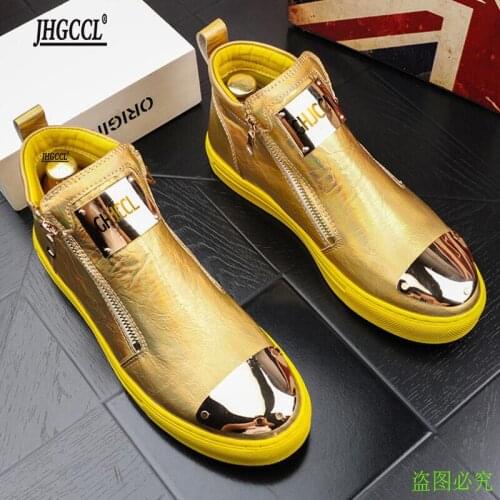 New golden Mens Casual Fashion Zipper Outdoor High-Top Shoes Man Slip-On Boots Mens Driving Party Flats Zapatos Hombre A4
