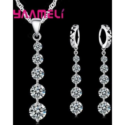 Long Drop Earrings Pendants Necklaces Set For Wedding Jewelry Women 925 Sterling Silver Crystal Wedding Jewellery Sets