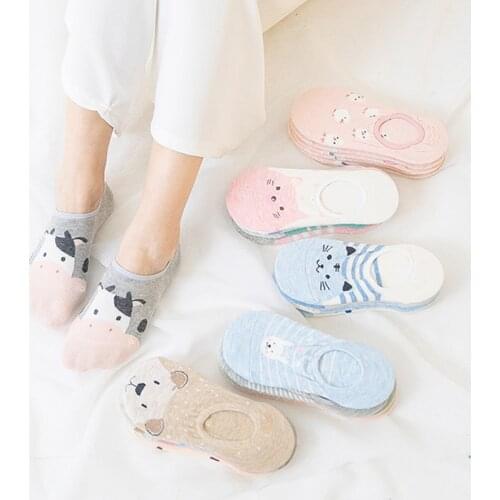 5Pairs/set Funny Cute Women Cotton No Show Socks Casual Happy Pattern Cat Totoro Patchwork Color Thin Anti slip Invisible Sock